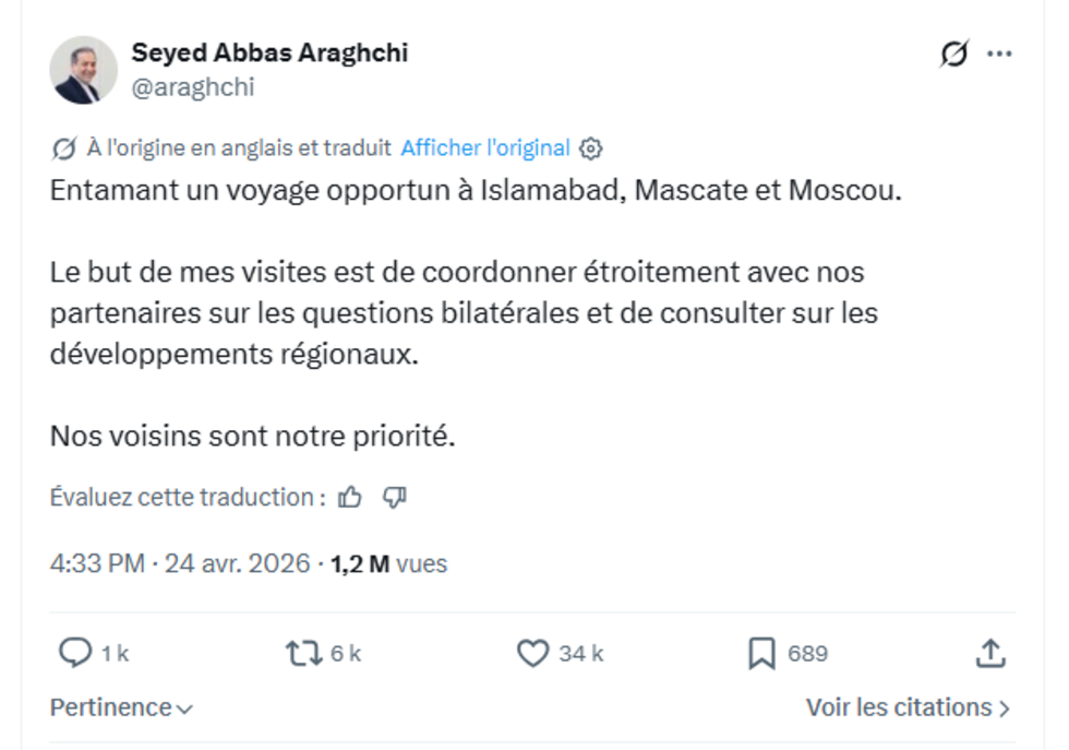 Une publication X d'Abbas Araghchi le 24 avril 2026