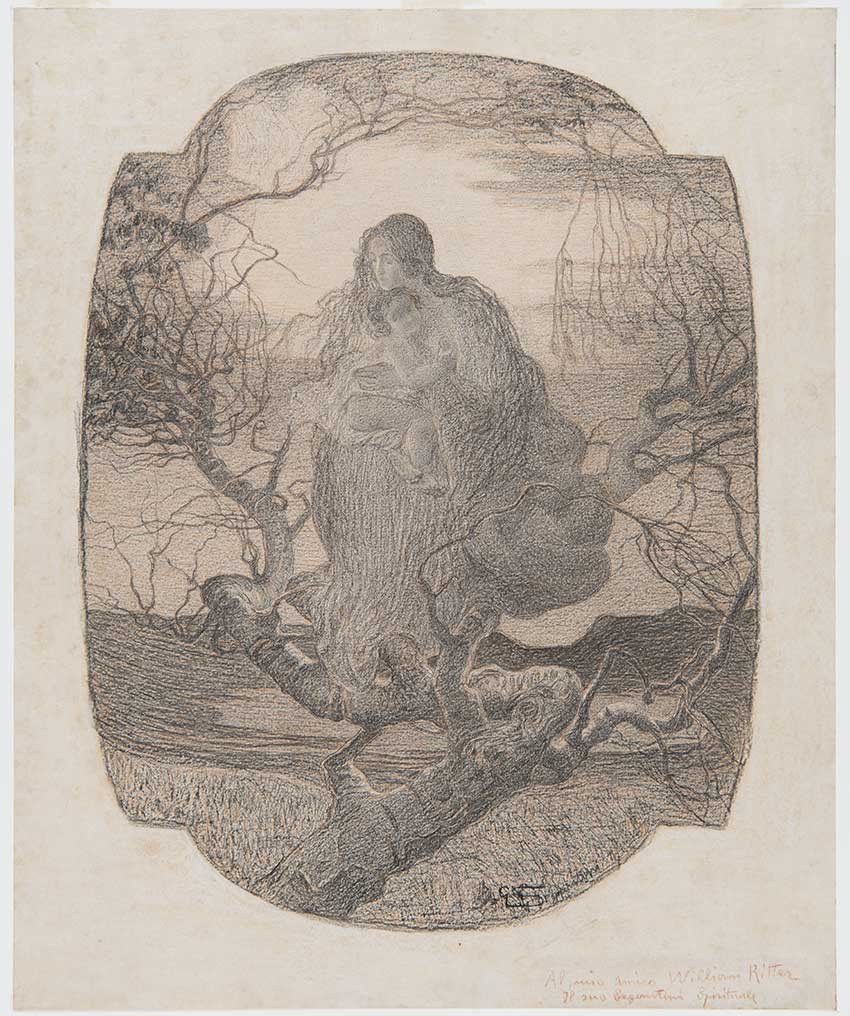 Giovanni Segantini, L’ange de la vie, 1894-1896, crayon Conté et crayon de couleur sur papier, monté sur carton, 41,6 x 34 cm, Segantini Museum, Saint-Moritz, dépôt de la Fondation Otto Fischbacher Giovanni Segantini © Stephan Schenk, Segantini Museum