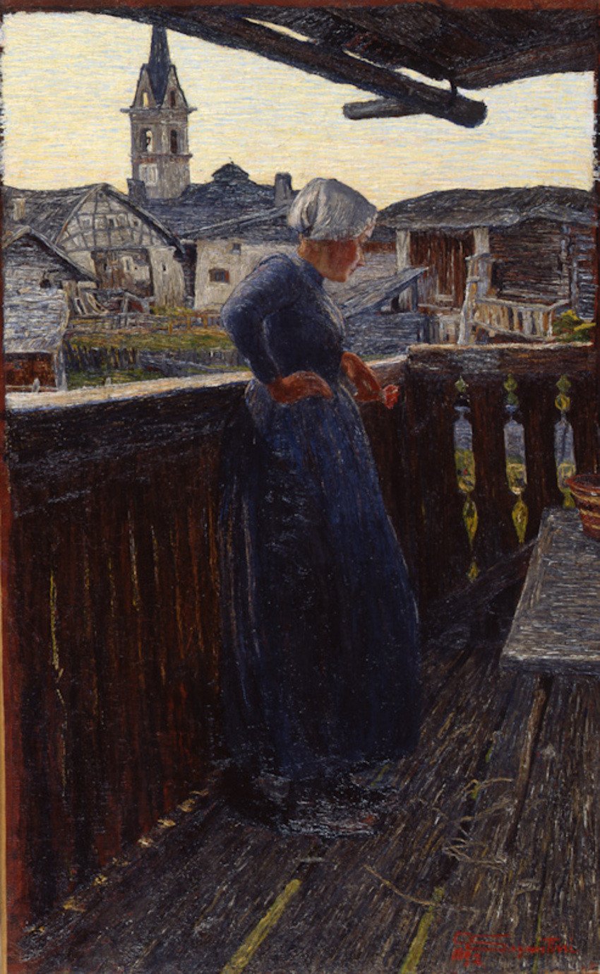 Giovanni Segantini, Sur le balcon, 1892, huile sur toile, 65,5 x 42 cm, Coire, Bündner Kunstmuseum Chur, dépôt de la Fondation Gottfried Keller, Office fédéral pour la culture, Berne, 1905. © Bündner Kunstmuseum Chur, Stephan Schenk.