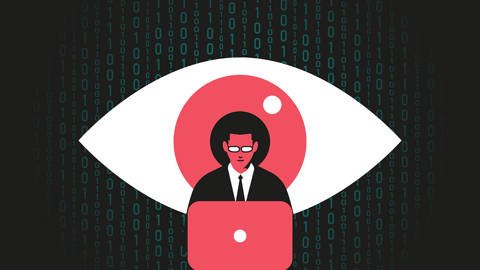 Illustration of a giant eye watching a man on a computer.