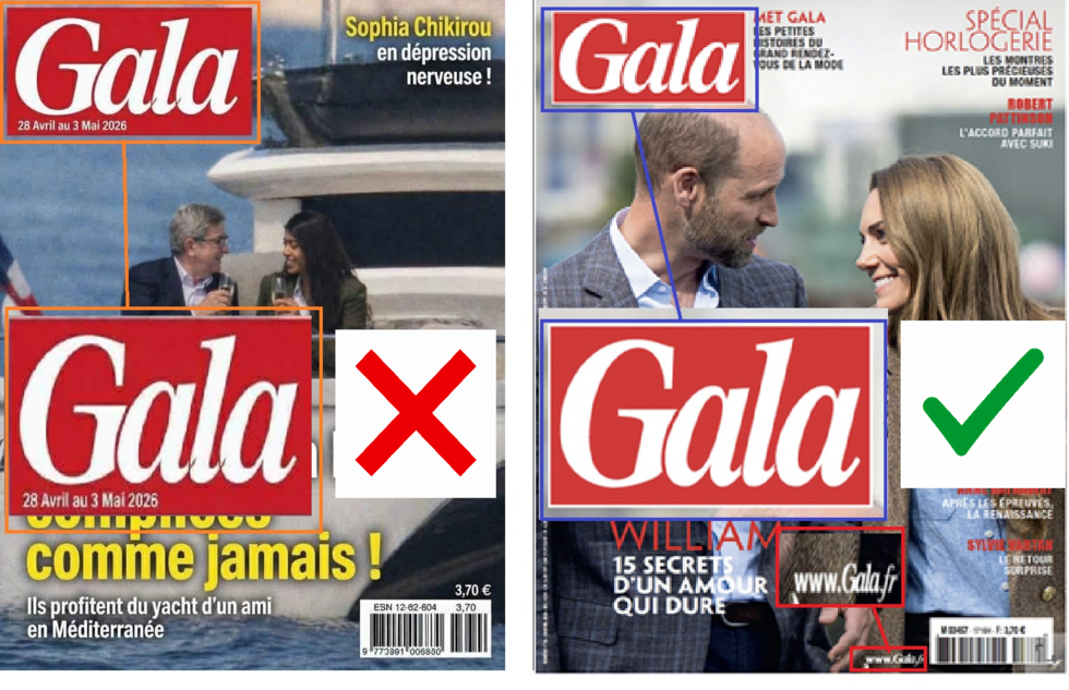 À gauche la fausse une, à droite la véritable une de Gala publiée le 30 avril 2026.