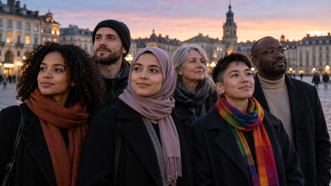 Groupe multiculturel réuni sur une place historique au coucher du soleil
