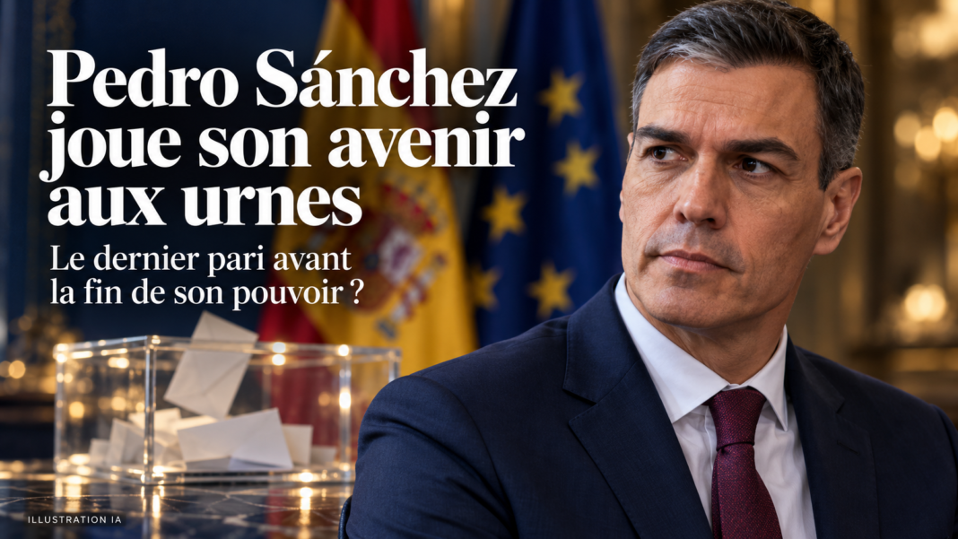 Pedro Sánchez devant urne, drapeaux espagnol et européen